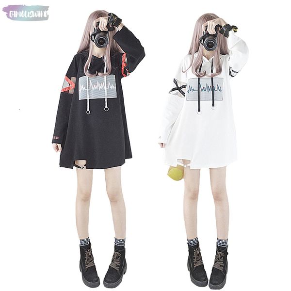 

2019 korea women hoodies long lolita japanese fashion ecg graphic female white sweatshirt with heart kawaii gothic, Black
