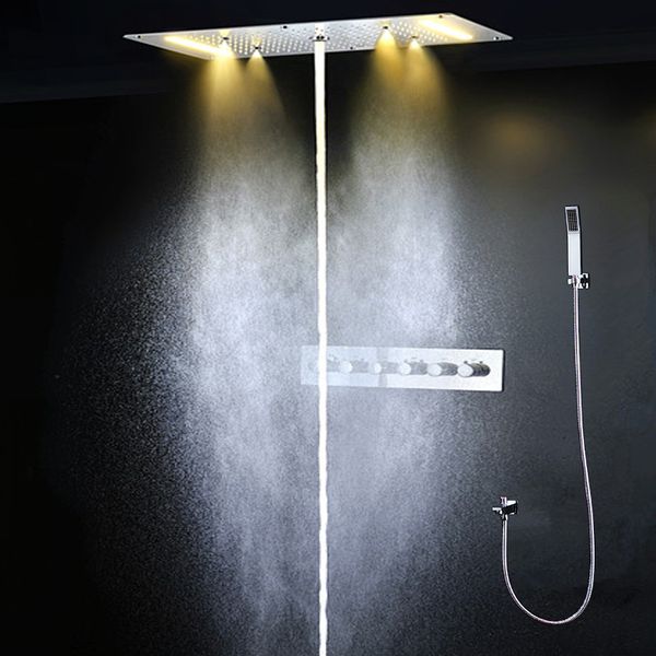 Badezimmer Decke LED Duschpaneel Nebelspray Niederschlag Wasserfall Duschkopf Set Thermostatmischer Duscharmaturen 380x700mm