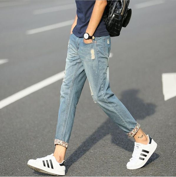 

autumn men revers denim (ankle-length pants) teenager skinny 9 pants slim fit with holes retro jeans men's, Blue