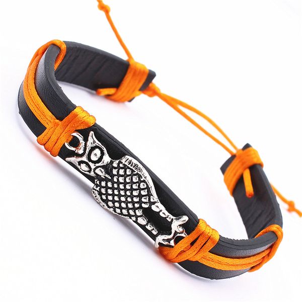

12pcs/lot dgw men and women ancient silver owl jewelry 9 colors braided leather bracelet fashion bangles, Black