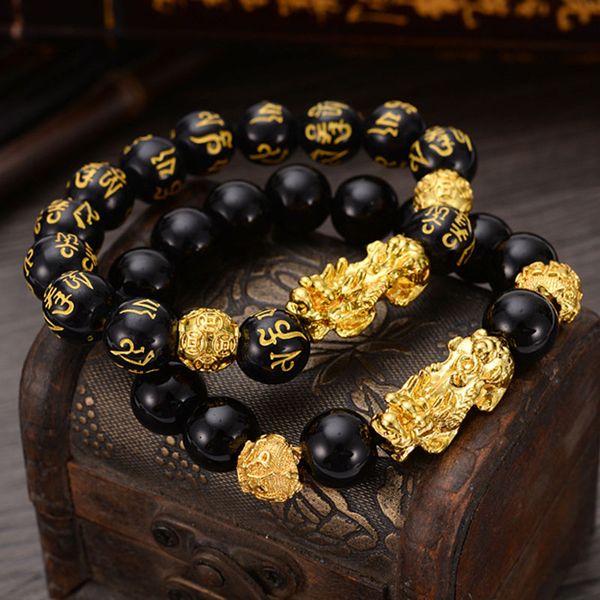 

obsidian stone beaded bracelet with golden pixiu charms pendant for men buddhist jewelry s55, Black