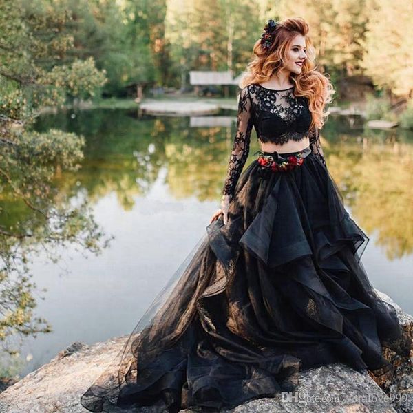 Wunderschöne schwarze zweiteilige Ballkleider mit langen Ärmeln und Spitze im Boho-Stil mit schierem Ausschnitt für den Strand, böhmisches Land-formales Kleid und Abendkleider