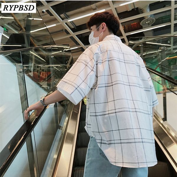 

2019 summer new men plaid shirt korean fashion loose oversize shirt men turn down collar short-sleeved dress blouse -xl, White;black