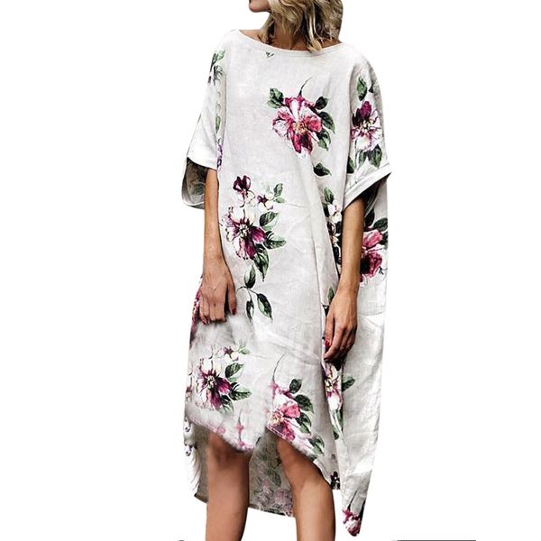 

женщины плюс размер 5xl o шеи цветочные платья вскользь ladies цветка печатные с длинным рукавом свободные платья негабаритные летнее платье, White