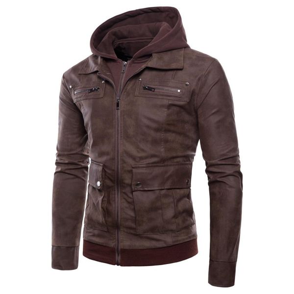 

мужская кожаная куртка с капюшоном поддельные две кожаные куртки, Black