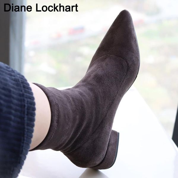 

stretch flock boots women sock ankle boot female pointed toe thick heels shoes ladies fashion suede boots winter 2020 new, Black