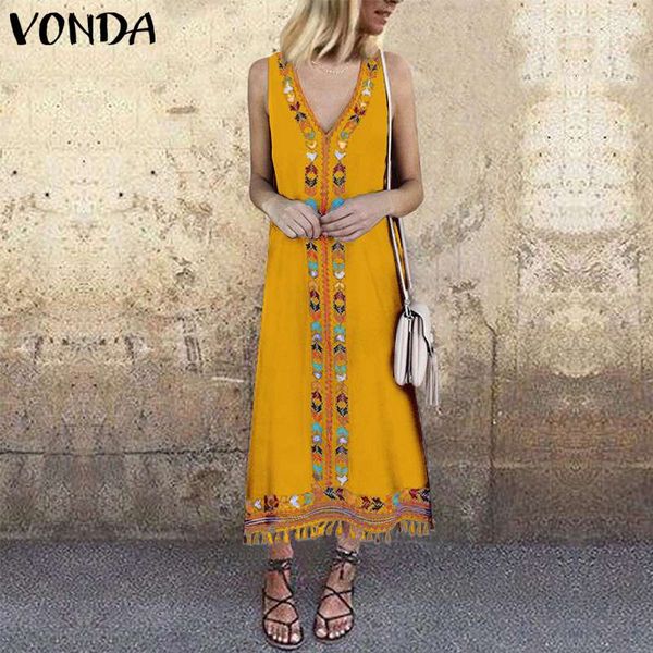 

bohemian dress floral printed beach sundress vonda 2020 summer women vintage tassel party maxi long dress vestido robe plus size, Black;gray