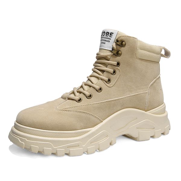 

men's boots winter breathable solid color british style work boots high thick-soled non-slip men's shoes, Black