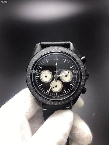 

luxury mens watches classic black 44mm dial leather strap super watch luminescent chronograph vk quartz movement watches, Slivery;brown