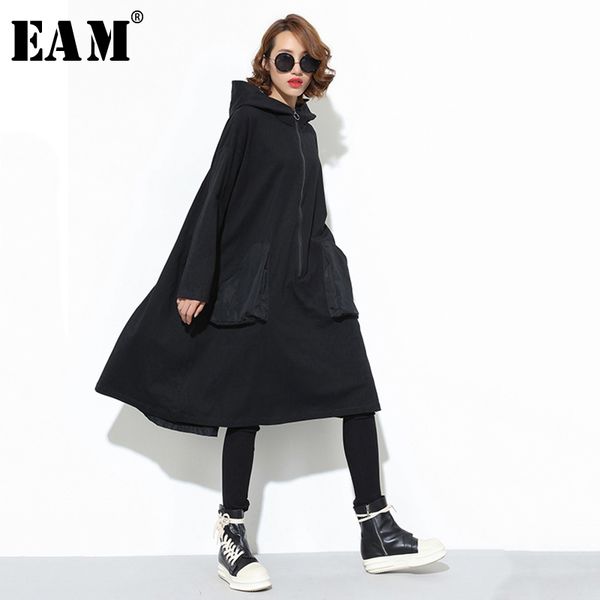 

eam] women black big pocket back ribbon big size dress new hooded long sleeve loose fit fashion tide spring autumn 2020 jd079, Black;gray