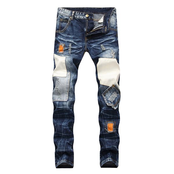 

autumn new men's patchwork ripped slim straight jeans plus size vintage patches holes distressed denim beggar jean pants, Blue