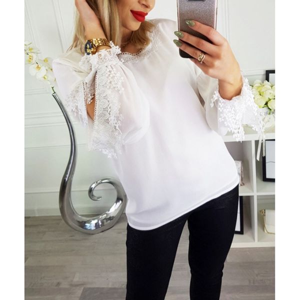 

spring summer women lace casual loose solid chiffon blouse female puff long sleeve elegant european style chiffon shirt sj2195e, White