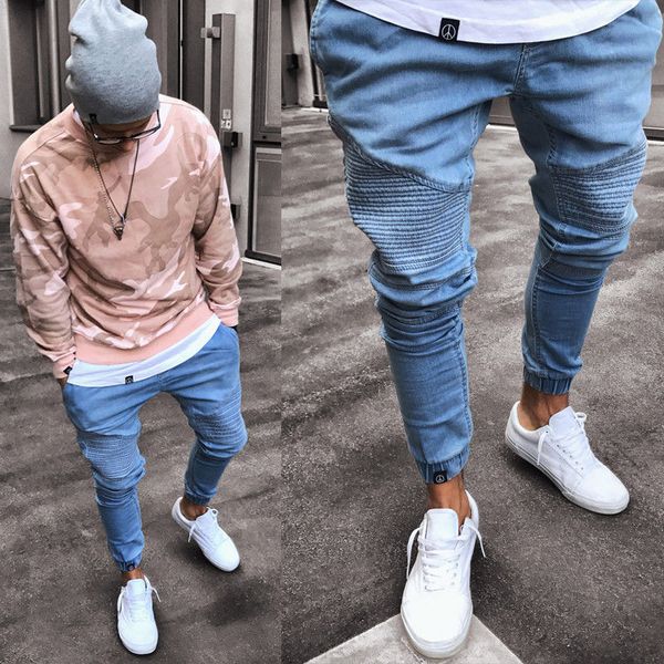 

2019 men's stretchy ripped skinny biker jeans destroyed slim fit denim pants mens elastic waist harem pants men jogger clothes, Blue