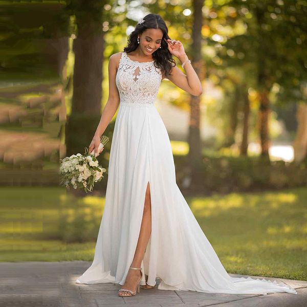 

горячие продажи летний сад бохо пляж аппликации кружева шифон спинки спинки свадебное платье длинный поезд романтическое свадебное платье ve, White