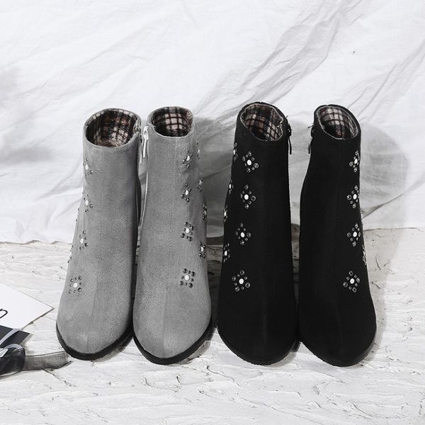 

big size boots women shoes ankle boots for women ladies rhinestone trim side zipper, Black