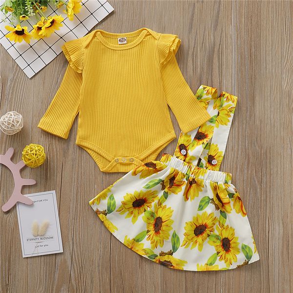 

2pcs newborn kid baby girls clothes knitted ruffles t shirt sunflower suspender skirt two piece set fashion casual outfit autumn, White