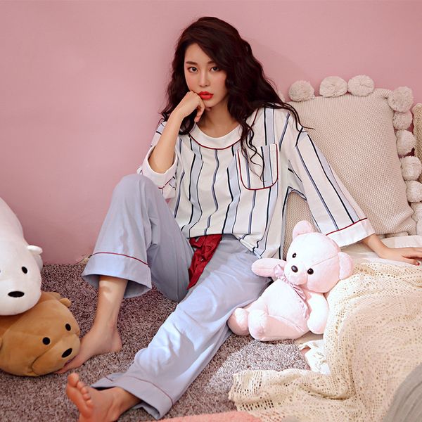 

women clothes 2019 spring cotton pijama for girl round neck two sets of full sleeve leisure pajamas softness home wear sleepwear, Blue;gray
