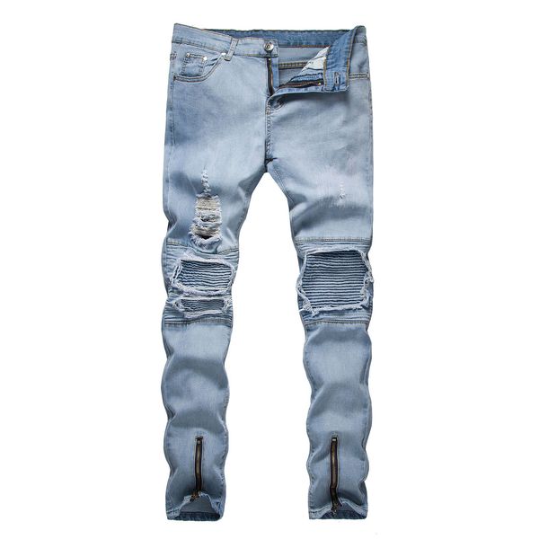 

men's ripped skinny jeans design mens jean slim motorcycle moto biker causal mens denim pants hip hop straight men jeans zipper trouser, Blue