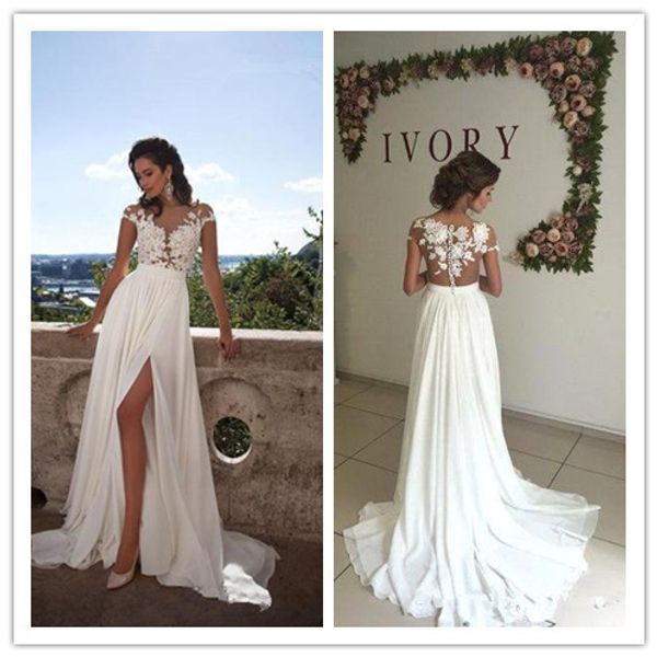 

beach wedding dresses bohemian beach sheer neck high side split chiffon lace applique wedding dress bridal gowns boho, White