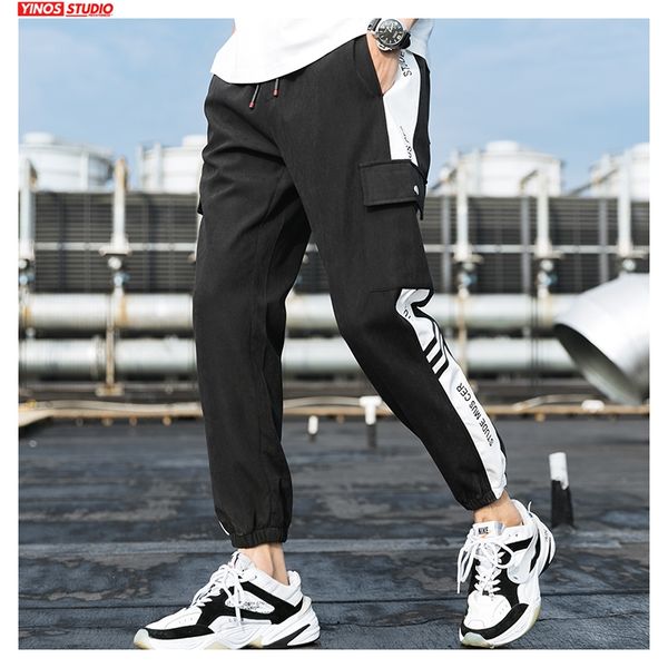 

dropshipping 2020 men pockets spring harem pants men streetwear fashion joggers male side striped clothing pants bottoms summer, Black