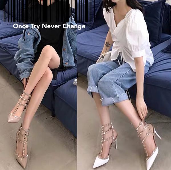 

high heels shopping pointed toe 2-strap with studs heels patent leather rivets sandals women shoes valentine high heel shoes, Black