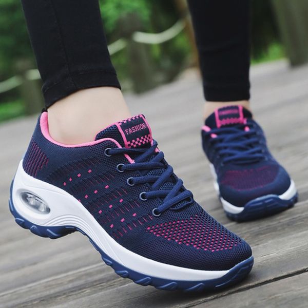

new women sport shoes air cushion outdoor platform sneakers breathable walking jogging gym trainers flying weaving casual shoes, Black