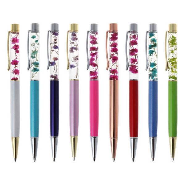 

luxury metal dry flower ballpoint pen signature writing pens black ink school office stationery student gift, Blue;orange