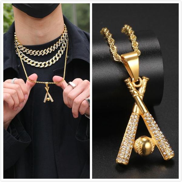 2020 Neue personalisierte Gold Edelstahl Iced Out Herren Damen Baseball Pedant Halskette Bling Diamant Punk Sport Schmuck Geschenke für Männer