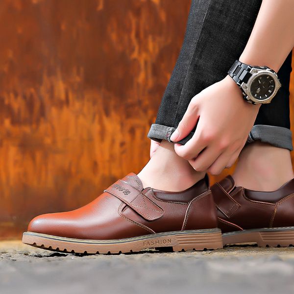 

men fashion solid leather business sport flat round toe casual shoes men's casual shoes fashion autumn winter men, Black