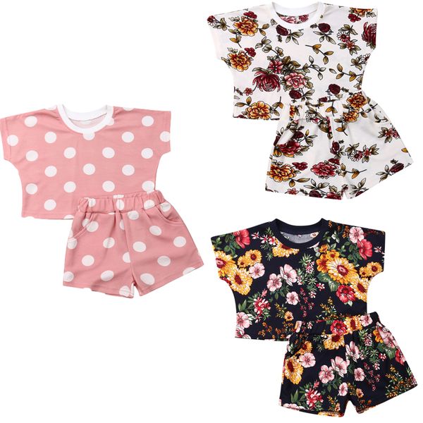 

2pcs kids girl summer clothes sets flowers print short sleeve t-shirt + shorts children casual outfits, White