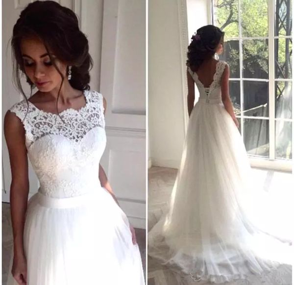 

2019 modest lace a-line wedding dresses lace appliques tulle skirt long bridal gowns lace up back formal vestidos de marriage cheap, White