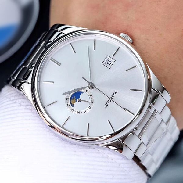 

роскошные мужские часы 8215 полностью автоматический фазовый механическое движение в режиме реального луна 24-часовой дисплей сапфир зеркало, Slivery;brown