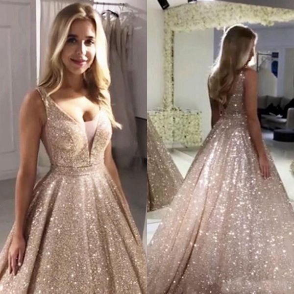

Sparkly Rose Gold Prom Dresses V Neck Sequined Glitters Backless Evening Party Gowns Special Occasion robes de soirée