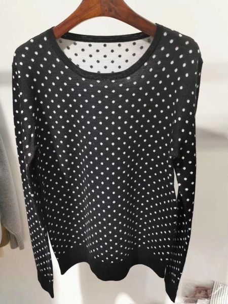 

2020 spring women's 100% wool knit sweater long sleeve o-neck dot knitwear pullover lady, White;black