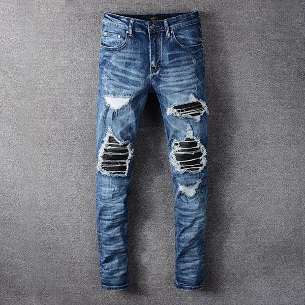 

2020 style mens motorcycle biker jeans pleated designer pants slim fit mens denim hip hop punk mens slim fit jeans luxury pants, Blue