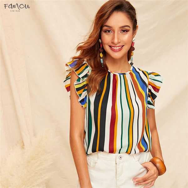 

Armhole Striped Summer Blouse Tops Round Neck Sleeveless Casual Blouse Women Clothes 2019 Ol Workwear Ruffle Top