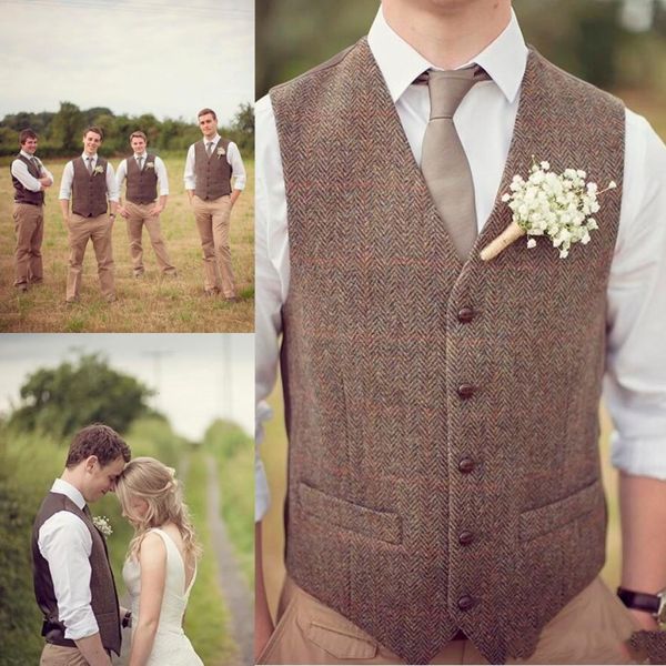 Hot Sell Country Farm Wedding Brown Wool Herringbone Tweed Vests