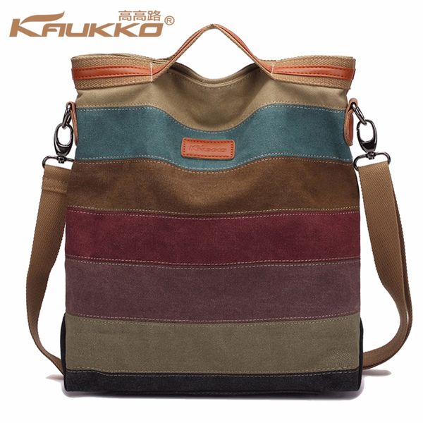 

kaukko women canvas handbag leather shoulder bag stripes crossbody bag patchwork shopping bolsa
