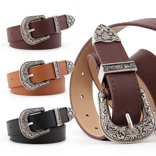 

women black leather western cowgirl waist belt metal buckle waistband new belts for women luxury designer brand, Black;brown