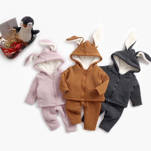 Детская одежда набор детей девочек мальчиков мальчики 2 шт. Уши кролика с капюшоном теплые пальто + брюки наряды детей зимняя одежда