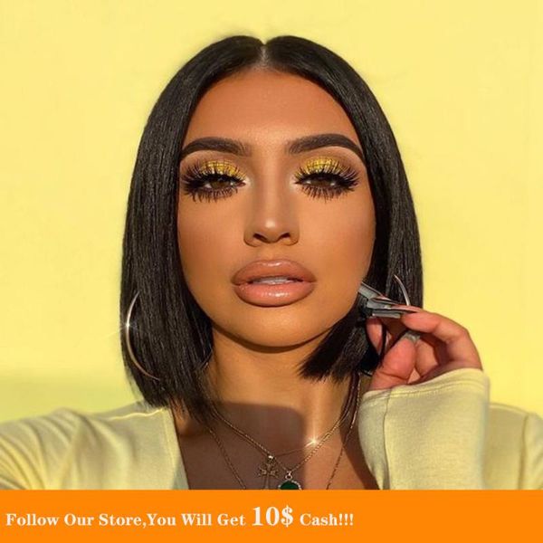 

14inch 13x4 silk lace front wig european human hair wig short bob closure braided preplucked hair for women natural black, Black;brown