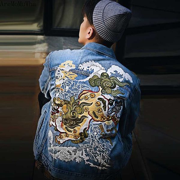 

aremomuwha new chinese style new embroidered lion denim jacket national style men's tide red ear denim overalls men jeans jacket, Black;brown