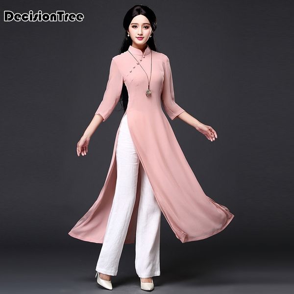 

2019 vietnam ao dai qipao traditional dress qipao cheongsam dresses cotton linen robe chinoise aodai 2 pieces suit, Red