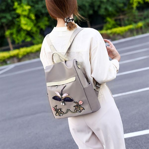 

3d dragonfly embroidered anti-theft ladies backpack nylon student backpack casual outdoor travel bag