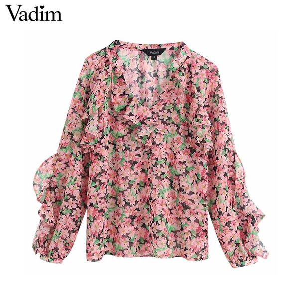 

vadim women sweet chiffon floral blouse ruffles v neck long sleeve shirts female cute fashion casual blusas lb817, White