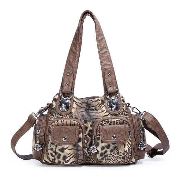 

angel kiss leopard print waterproof washed pu women handbag double-compartment roomy design lady should bag satchel tote