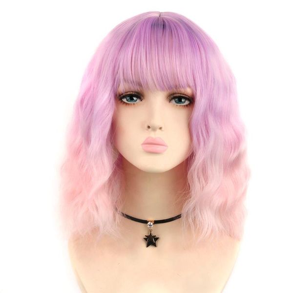 

liangmo short wavy bob wigs for black women synthetic hair pink mixed color wigs with bangs heat resistant christmas cosplay wig