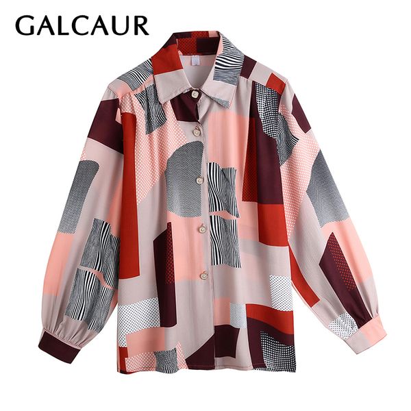 

galcaur vintage striped print hit color women's shirt lapel collar lantern sleeve large size loose plaid blouse female new 2020, White