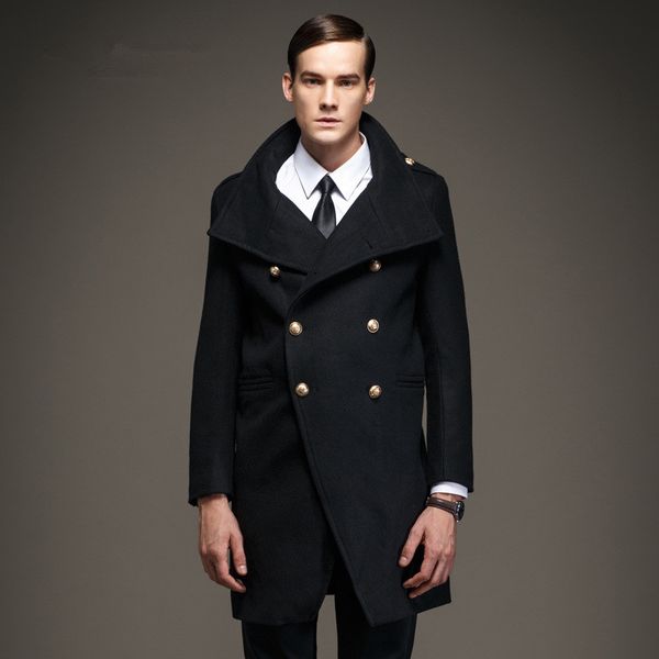 

2017 new arrivals man woolen coat uk mens double breasted long wool trench business fashion pea coats, Black