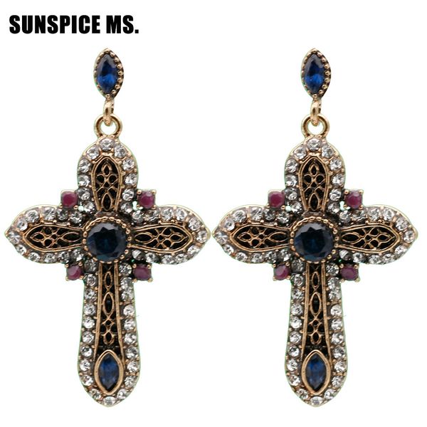 

elegent vintage turkish women cross long dangle earrings antique gold color resin rhinestone multicolor ethnic religion jewelry, Silver